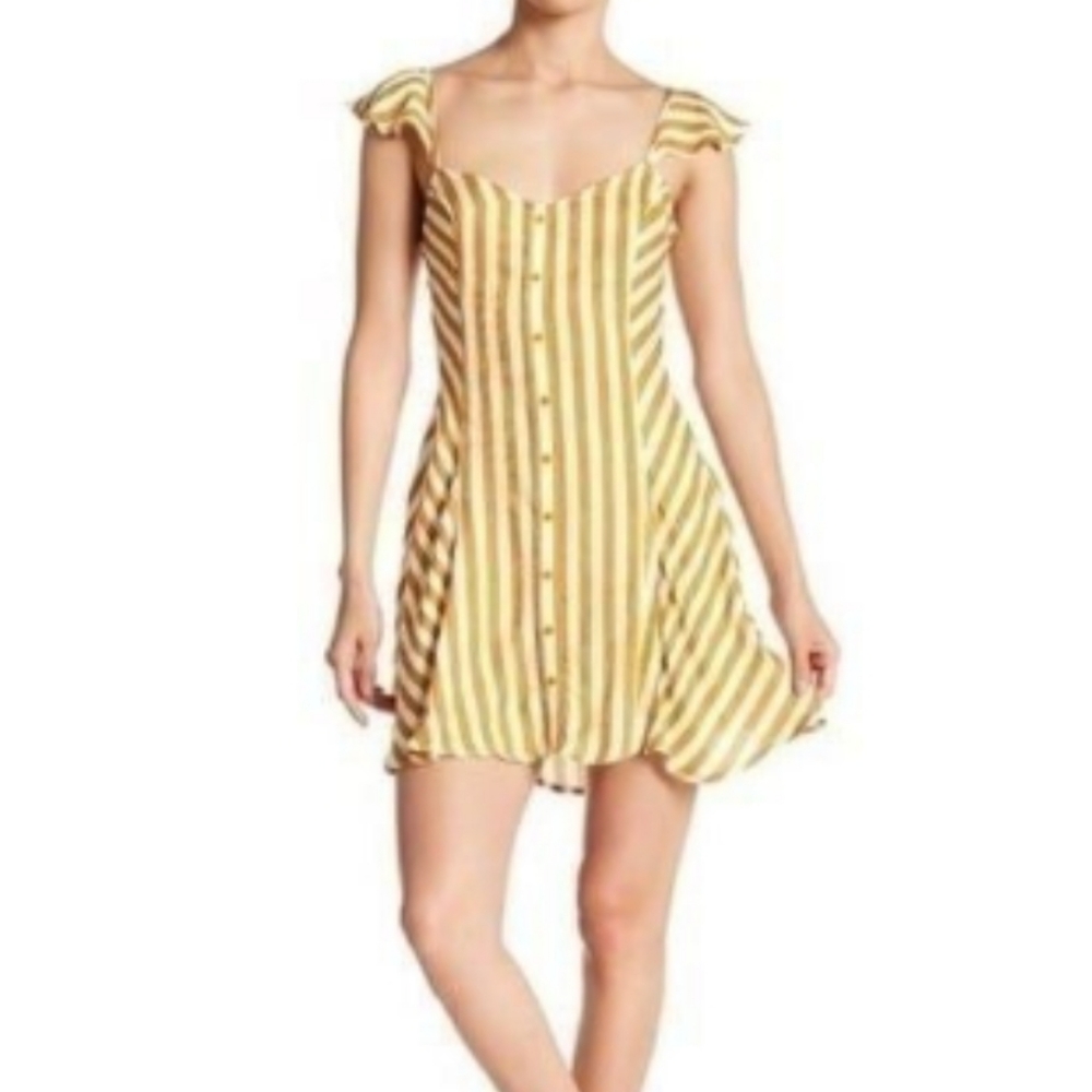 Yellow & White Striped Flutter-cap Mini Dress